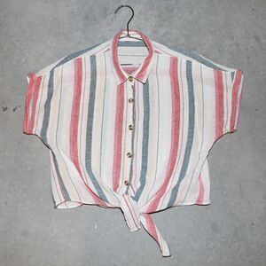 Boho‎ Festival Stripe Linen Crop Top Summer Casual Everyday Blouse Size Medium